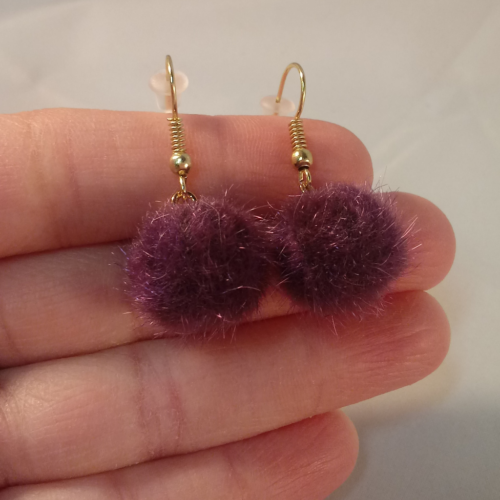Gold Purple Fuzzy Fur Ball Earrings Hypoallergenic Hks